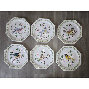Vintage Ceramic Bird Plates Octagonal Hand Painted Decorative Set Of 6